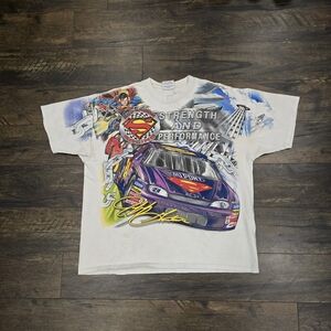 Vintage 90s SUPERMAN Jeff Gordon Tshirt Chase Nascar Racing All Over Print Tee